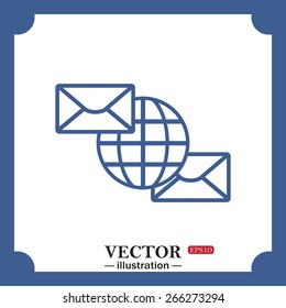 blue icon on white background.  Internet e-mai, envelope lette, Globe, web icon. vector design