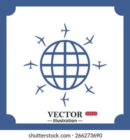 blue icon on white background.  Fashion Icon aircraft around the world, web icon. vector design