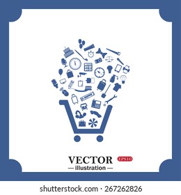 blue icon on white background.  Set of icons. Put into shopping cart. Great buy. Cart of goods. Supermarket, web icon. vector design