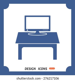 blue icon on white background. Computer desk, workplace. icon. vector design