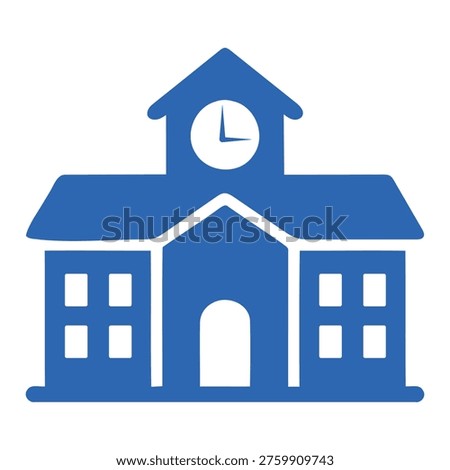 A blue icon representing a school building with a clock tower, symbolizing education, learning, and institutional buildings, Flat Design, Architecture, Blue, Time, Tower, Campus, Vector, Academy