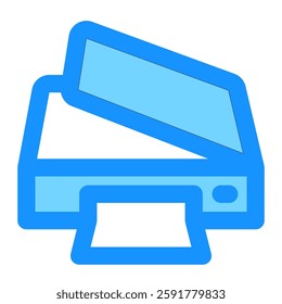 Blue icon of scanner machine with open lid and paper sheet This illustration is ideal for depicting digitalization and document management