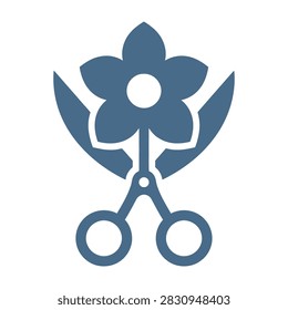 Blue icon of scissors cutting a flower, symbolizing gardening or floristry tools.