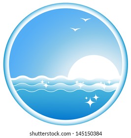 blue icon with sea wave, sun and seagull 