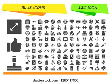 blue icon set. 120 filled blue icons. Simple modern icons about - Resize, Glass cleaner, Like, Garage, Swordfish, Waterfall, Messenger, Compact disc, Fish bowl, Dislike, Printer
