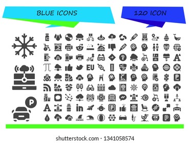 blue icon set. 120 filled blue icons.  Simple modern icons about  - Snowflake, Parking, Cloud computing, Milk, Drop, Compact disc, Connection, Droplet, Jelly beans, Thermometer