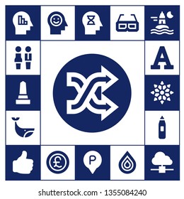 Blue Icon Set. 17 Filled Blue Icons.  Collection Of - Mind, Partners, Monument, Shuffle, Whale, Font, Snowflake, Thermometer, Like, Pound, Parking, 3d Glasses, Drop, Ocean, Cloud Computing