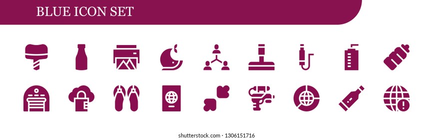 blue icon set. 18 filled blue icons.  Simple modern icons about  - Dental implant, Milk, Printer, Whale, Connection, Glass cleaner, Jack, Water bottle, Plastic bottle, Garage