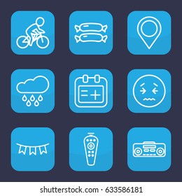 Blue icon. set of 9 outline blue icons such as sausage, remote control, medical appointment, record player, party flag, map location, rain, bicycle