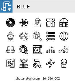 blue icon set. Collection of Cold water, Cd, Snowflake, Sailor, Monument, Dome greenhouse, Boat porthole, Paw print, Information, Beach ball, d glasses, Compact disc, Shark icons