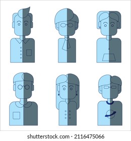 Blue Icon Set Of Employees With Different Gender. Woman, Man And Gender Neutral Person Workers Team