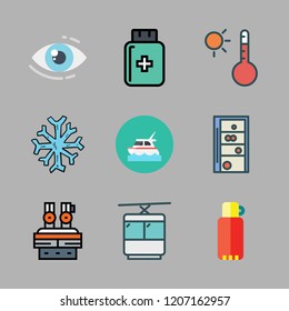 blue icon set. vector set about cable car cabin, snowflake, yacht and thermos icons set.