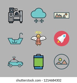 blue icon set. vector set about industrial robot, landscape, angel and snowing icons set.
