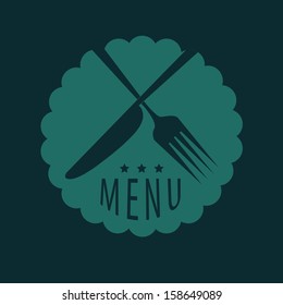 a blue icon with some blue silhouettes of a fork and a knife with text