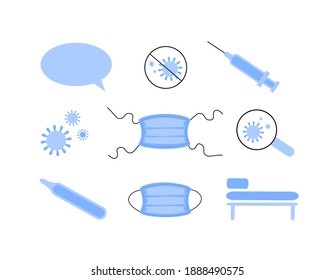 Icono azul - Burbuja del habla, virus, inyección, termómetro y cama