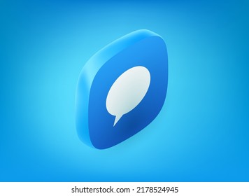 Blue icon with speech cloud pictogram on blue background. 3d vector illustration