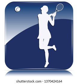 Blue icon - tennis player silhouette with racket and ball - isolated on white background - vector