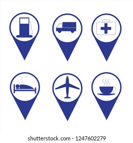 Blue icon For travel map Airport location, hospital, hotel, gas station, food and beverage, truck