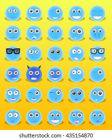Blue icons emoticons with the emotions on the face, vector icons emoticons, girls emoticons boys emoticons evil smiley, crying smiley, sad smiley, smile in joy