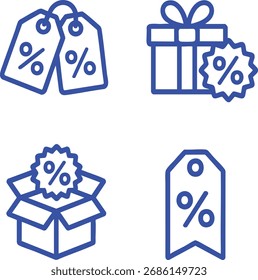Iconos azules que ofrecen las cajas de regalo y las etiquetas del descuento con los signos del porcentaje en un diseño blanco limpio del fondo