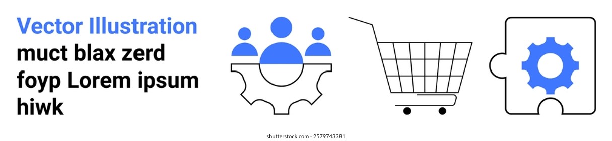 Blue icons featuring teamwork, a shopping cart, and a puzzle piece with a gear illustrate collaboration and e-commerce tools. Ideal for business, teamwork, e-commerce, customization, technology