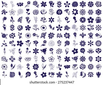 blue icons on a white background depicting various of flower and buds