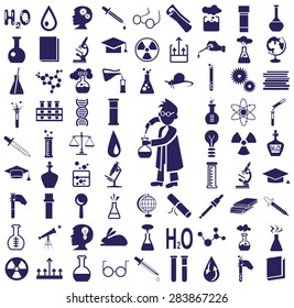 blue icons on a white background on the topic of science and knowledge