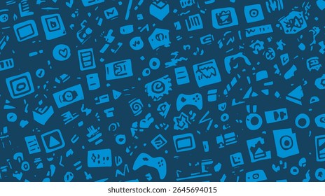 Blue icons scatter across dark background showing diverse symbols wallpaper