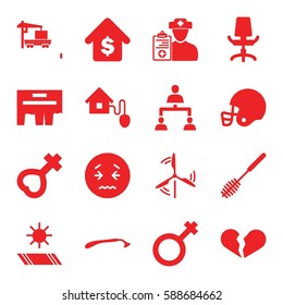blue icons set. Set of 16 blue filled icons such as razor, toilet brush, broken heart, upset emot, cargo truck, male, female, doctor prescription, office chair, structure