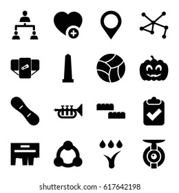 Blue icons set. set of 16 blue filled icons such as monument, diaper, connection, add favorite, trumpet, structure, pumpkin haloween, watering system, snow board, map location