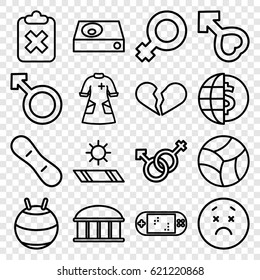 Blue icons set. set of 16 blue outline icons such as observatory, woman, male and female, male, dvd player, nurse gown, carpet in the sun, beach ball, portable game console