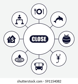 blue icons set. Set of 9 blue filled icons such as scorpion, airport bus, water drop, structure, plate fork and spoon, close, dolphin, dolar growth