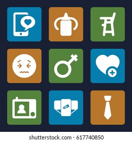 Blue icons set. set of 9 blue filled icons such as baby bottle, diaper, baby chair, upset emot, add favorite, phone with heart, male, intercom