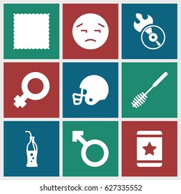 Blue icons set. set of 9 blue filled icons such as carpet, toilet brush, star, upset emot, woman, disc flame, soda bottle, american football helmet