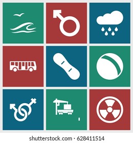 Blue icons set. set of 9 blue filled icons such as airport bus, ball, cargo truck, woman, male and female, snow board, rain, sea and gull