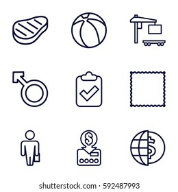 blue icons set. Set of 9 blue outline icons such as carpet, cargo truck, woman, beef, beach ball, put money on card, man with case, globe dollar