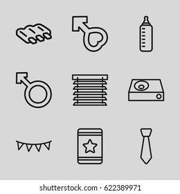 Blue icons set. set of 9 blue outline icons such as sausage, baby bottle, star, woman, male, dvd player, party flag, window shutter