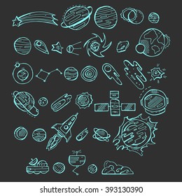  Blue icons set  with doodle space elements. Vector illustration with hand drawn doodle space elements for wallpaper, wrapping, textile prints