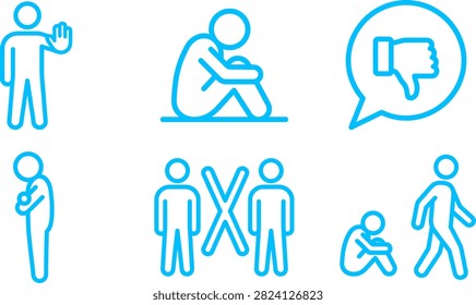 Blue icons showing negative human emotions like sadness, rejection, and isolation, representing mental health struggles and loneliness.