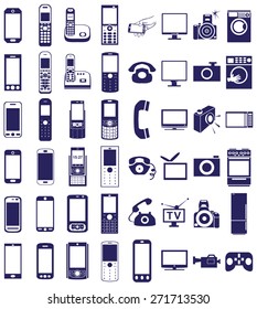 blue  icons in white background on electronics and household appliances, telephones.