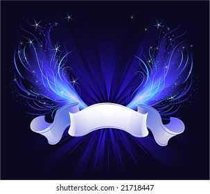 blue icy luminous wings with a flexible light ribbon on a dark background