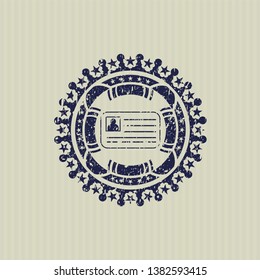 Blue identification card icon inside distressed rubber grunge texture stamp