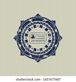 Blue identification card icon inside distressed rubber grunge texture seal