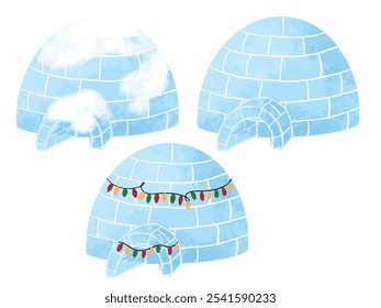 Blue Igloo house dome watercolor with christmas lights and snow