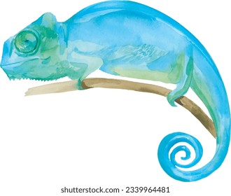 Blue Iguana watercolor painting vector illustration,  "Grand Cayman Blue Iguana", lizard on the branch. Sleeping dragon big reptilia wild animal.