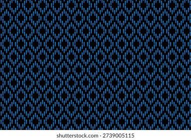Blue ikat inspired seamless pattern with geometric circular motifs on a black background.