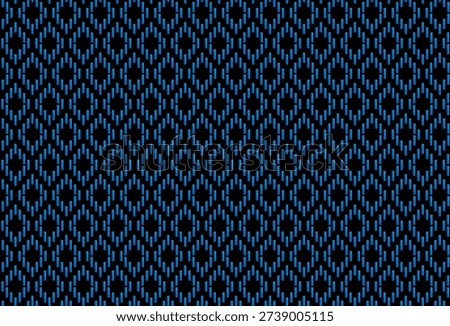 Blue ikat inspired seamless pattern with geometric circular motifs on a black background.