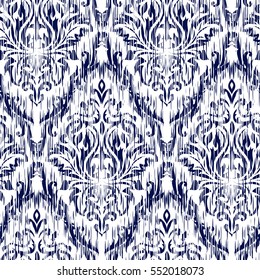 Blue Ikat Ogee and Damascus ornament Seamless Background Pattern. Abstract background for textile design, wallpaper, surface textures.