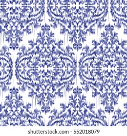 Blue Ikat Ogee and Damascus ornament Seamless Background Pattern. Abstract background for textile design, wallpaper, surface textures.