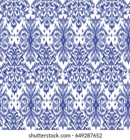 Blue Ikat Ogee and Damascus ornament Seamless Background Pattern In the style of the Tapestry. Abstract background for textile design, wallpaper, surface textures